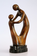 Mother with Child - standing bronze figures on marble plinth